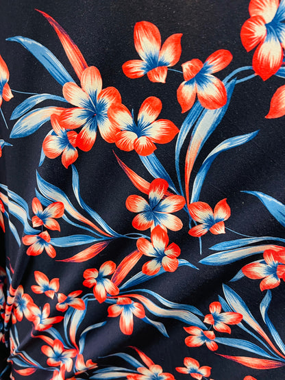 Flower design print on poly spandex 4-way stretch 58/60” Sold by the YD. Ships Worldwide from Los Angeles California USA.