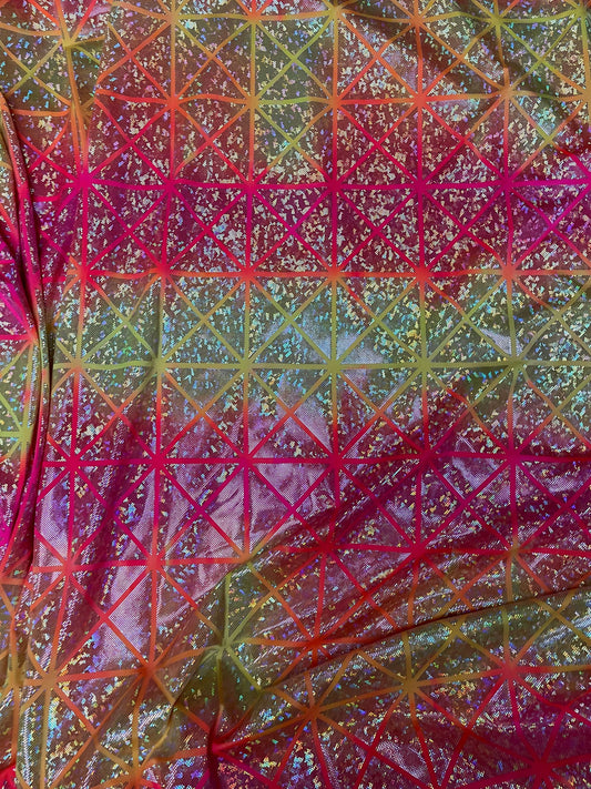 New Geometric design pink/orange hologram metallic nylon spandex 4-way stretch 58/60” Sold by the YD. Ships Worldwide from Los Angeles Calif