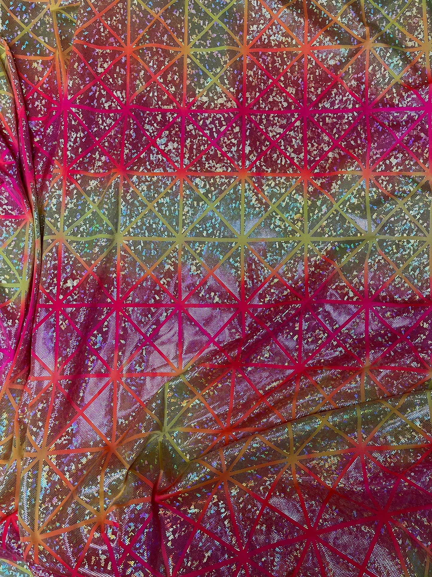 New Geometric design pink/orange hologram metallic nylon spandex 4-way stretch 58/60” Sold by the YD. Ships Worldwide from Los Angeles Calif