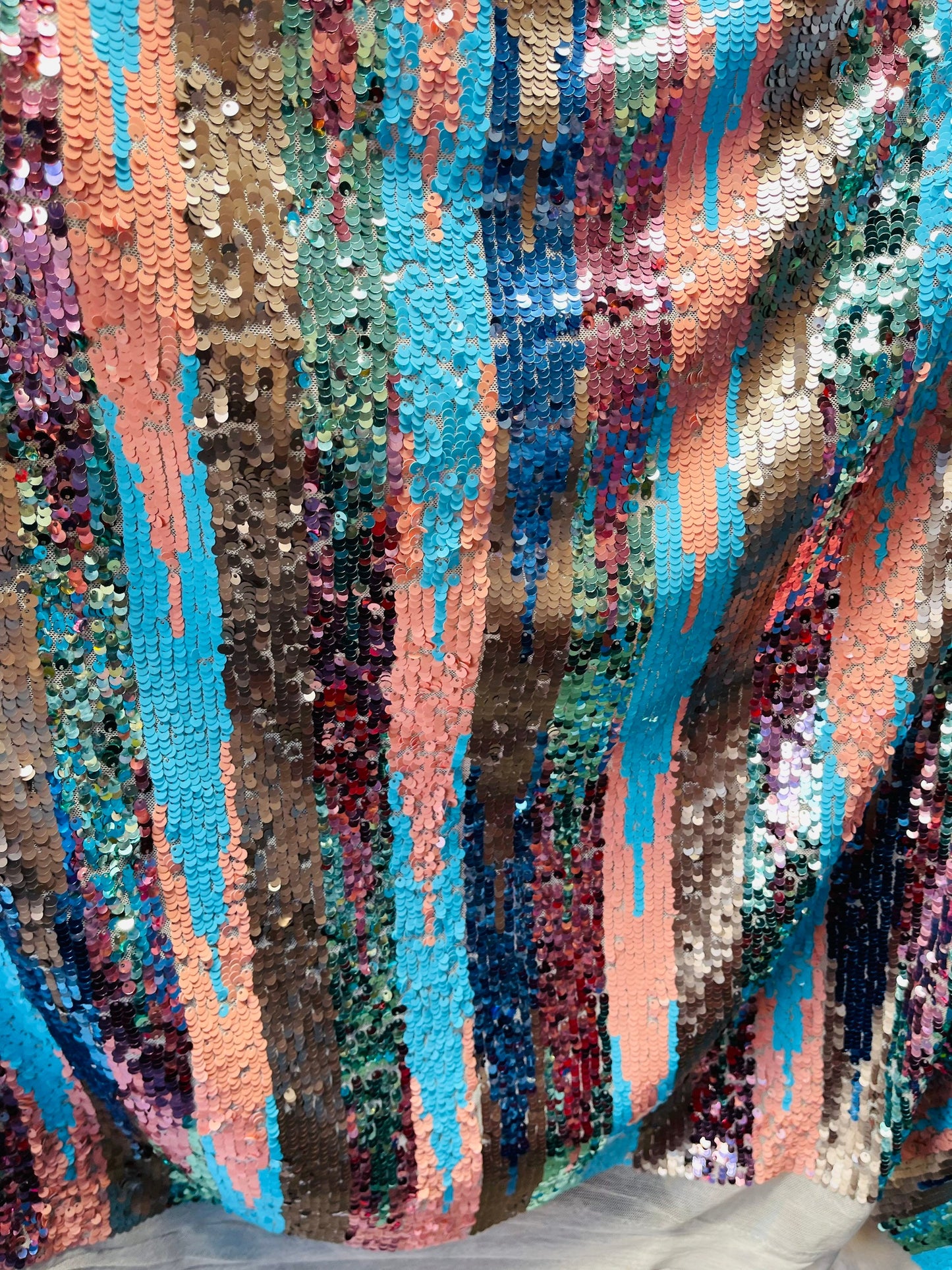 New Luxury stripe sequins multicolor embroidered sequins on stretch mesh 2-way 55/57” Sold by the YD. Ships Worldwide from Los Angeles CA.