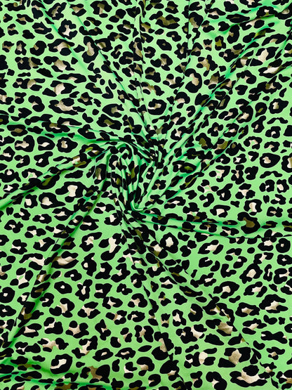 New Exotic Leopard design metallic nylon spandex 4-way stretch 58/60” Sold by the yd. Ships Worldwide from Los Angeles California USA.