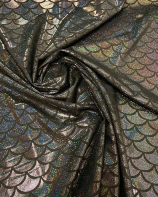 Mermaid hologram nylon spandex jumbo size fish scale metallic 4-way stretch 58/60” Sold by the YD. Ships Worldwide from Los Angeles CA