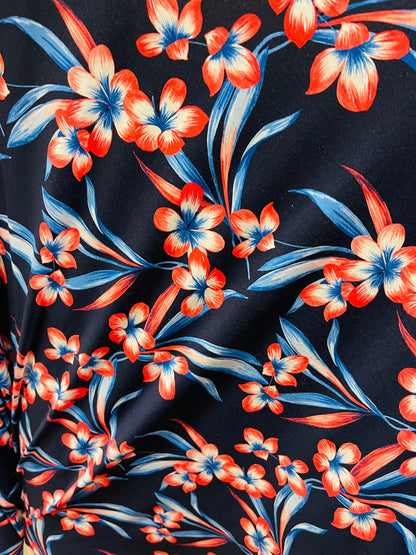 Flower design print on poly spandex 4-way stretch 58/60” Sold by the YD. Ships Worldwide from Los Angeles California USA.