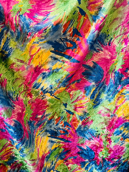 New vintage abstract design multicolor print on poly velour velvet 2-way stretch 58/60” Sold by the YD. Ships Worldwide from Los Angeles CA