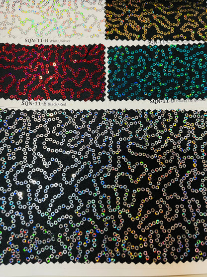 Luxury chain design hologram sequins embroidered on Spandex base 2-way stretch 58/60” Sold by the YD. Ships Worldwide from Los Angeles CA.