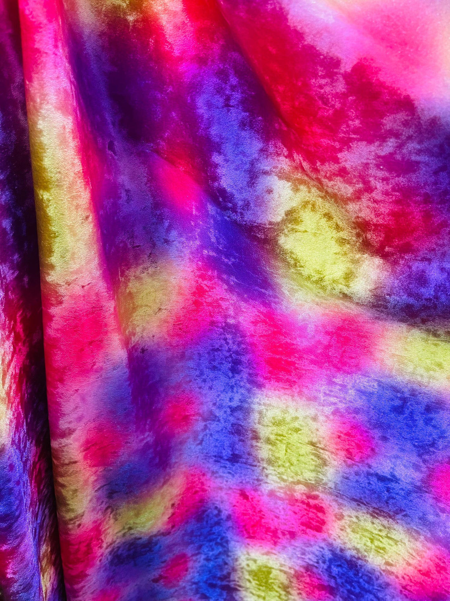 New Tie dye stretch velvet with metallic foil 2-way stretch 58/60” Sold by the YD. Ships Worldwide from Los Angeles California USA.