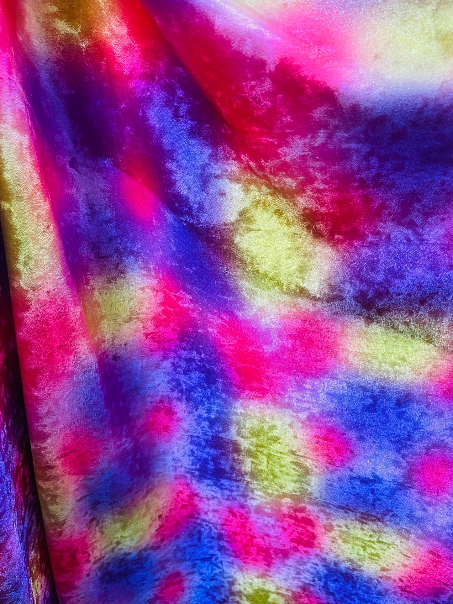 New Tie dye stretch velvet with metallic foil 2-way stretch 58/60” Sold by the YD. Ships Worldwide from Los Angeles California USA.