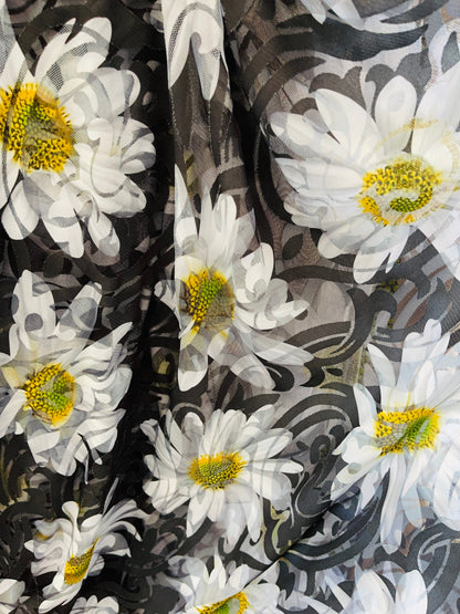 New Sunflower design print on burnout mesh 4-way stretch 58/60” Sold by the YD. Ships Worldwide from Los Angeles California USA.