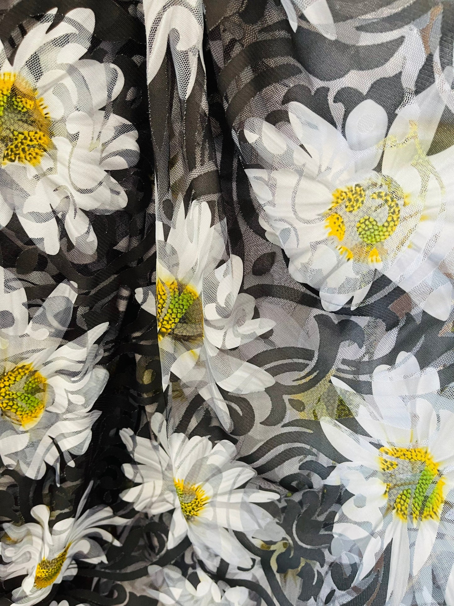 New Sunflower design print on burnout mesh 4-way stretch 58/60” Sold by the YD. Ships Worldwide from Los Angeles California USA.