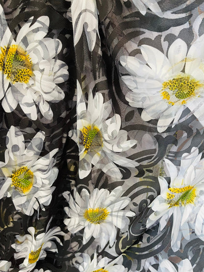 New Sunflower design print on burnout mesh 4-way stretch 58/60” Sold by the YD. Ships Worldwide from Los Angeles California USA.