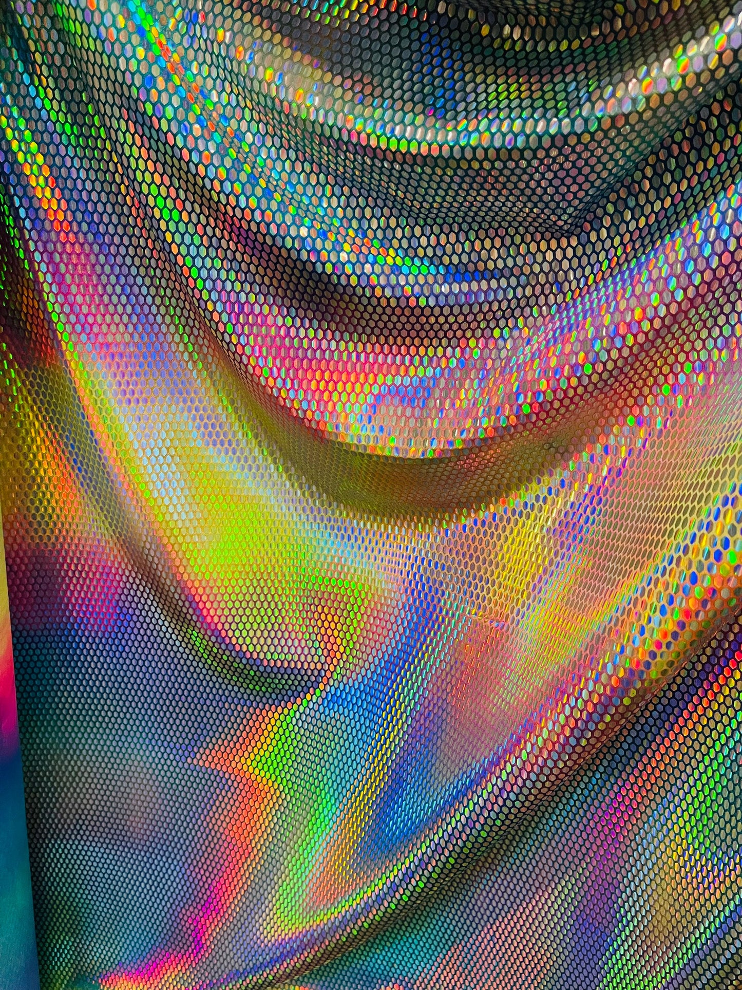 New Pentagon design iridescent sequins on stretch tie dye nylon spandex 4-way stretch 58/60” Sold by the yd. Ships Worldwide from L.A CA