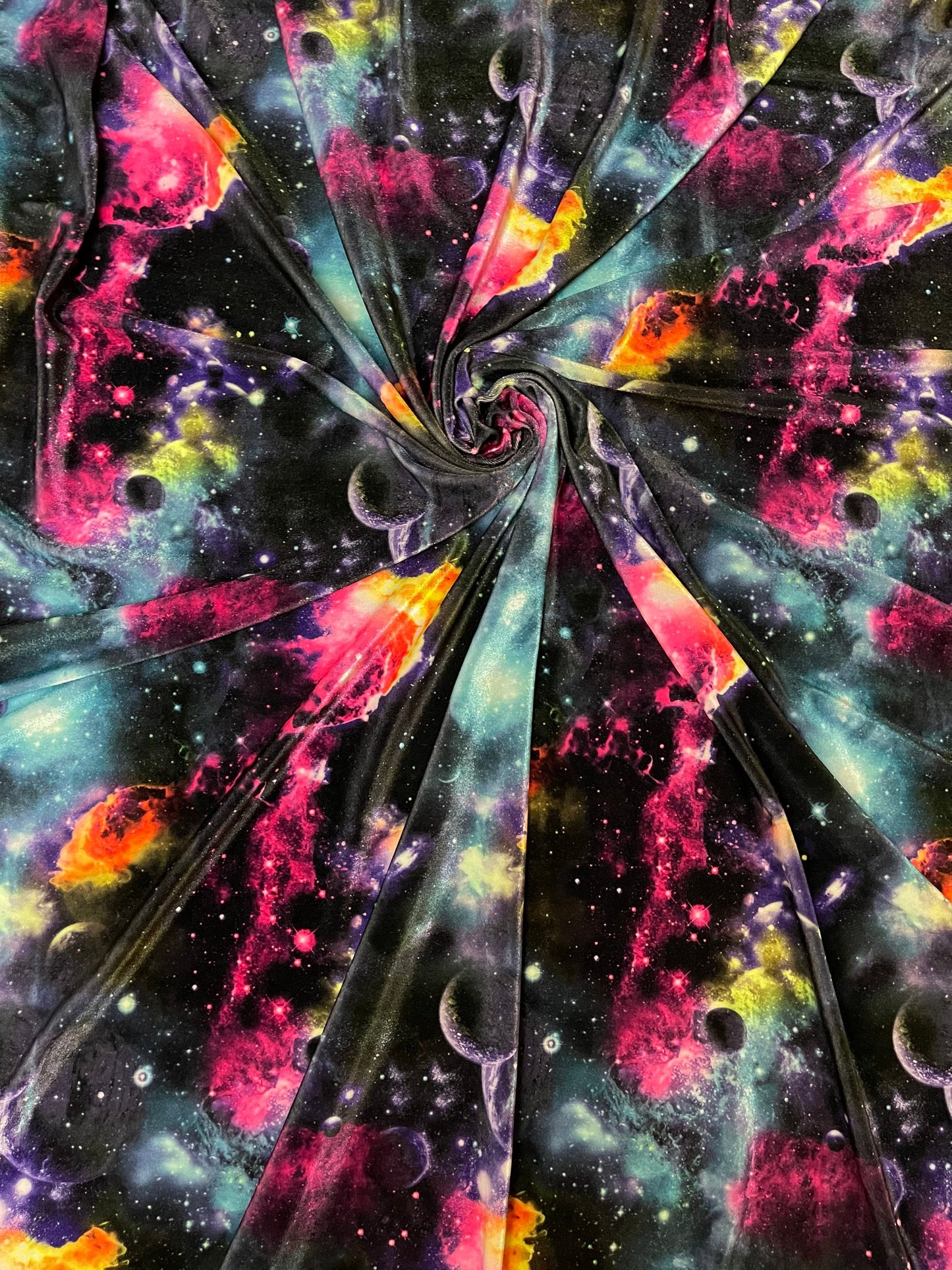 Galaxy design print on great quality of stretch velvet 4-way stretch 58/60” Sold by the YD. Ships Worldwide from Los Angeles California USA.