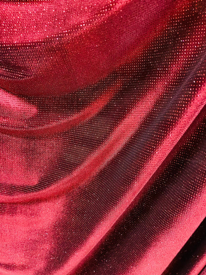 New glitter velvet Merlot color great quality 4-way stretch 58/60” Sold by the YD. Ships Worldwide from Los Angeles California USA.