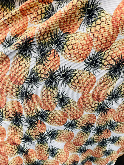 New pineapple design print on rib spandex 4-way stretch 50/52” Sold by the YD. Ships Worldwide from Los Angeles California USA.