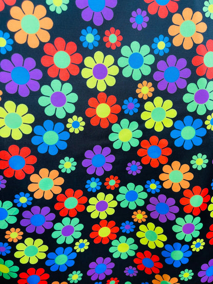 New Flower design Black/Multicolor print on great quality of nylon spandex 4-way stretch 58/60” Sold by the YD. Ships Worldwide from L.A