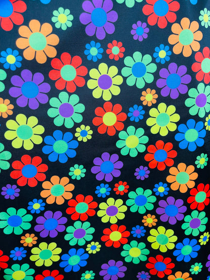 New Flower design Black/Multicolor print on great quality of nylon spandex 4-way stretch 58/60” Sold by the YD. Ships Worldwide from L.A