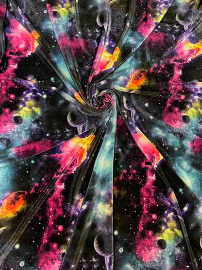 Galaxy design print on great quality of stretch velvet 4-way stretch 58/60” Sold by the YD. Ships Worldwide from Los Angeles California USA.