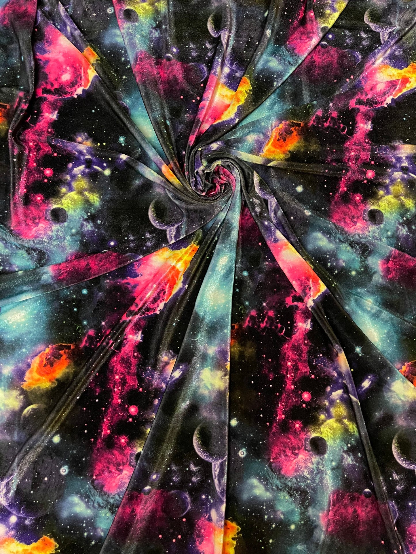 Galaxy design print on great quality of stretch velvet 4-way stretch 58/60” Sold by the YD. Ships Worldwide from Los Angeles California USA.