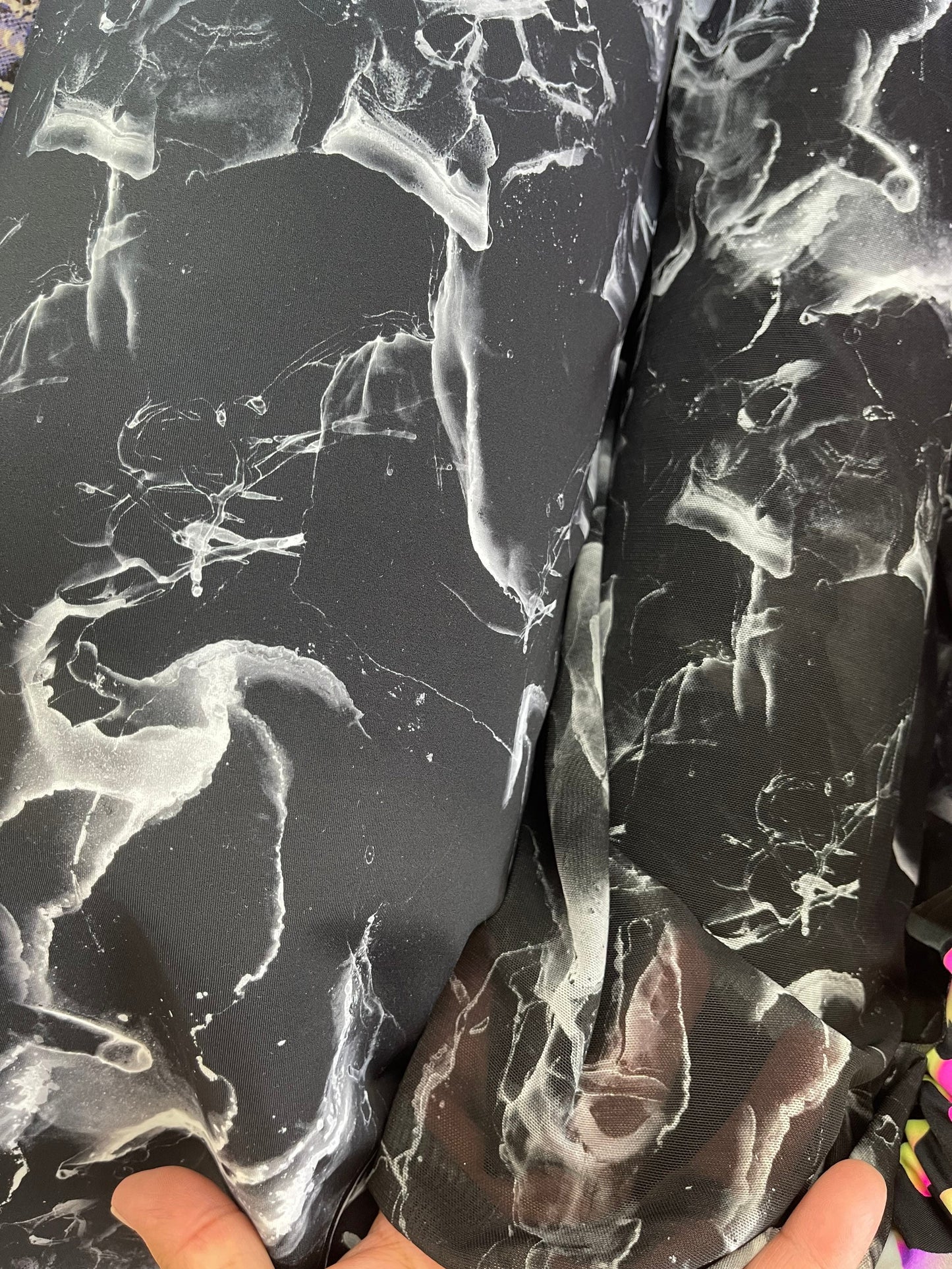 New abstract Marble design Black/white print on best quality of nylon spandex and power mesh  4-way stretch 58/60” Sold by the YD.