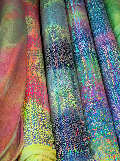 Dragon scales design Iridescent sequins on Tie Dye nylon spandex 4-way stretch 58/60” Sold by the YD. Ships Worldwide from Los Ángeles CA US