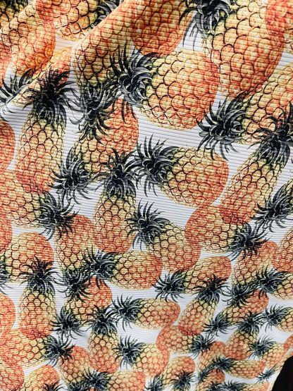 New pineapple design print on rib spandex 4-way stretch 50/52” Sold by the YD. Ships Worldwide from Los Angeles California USA.