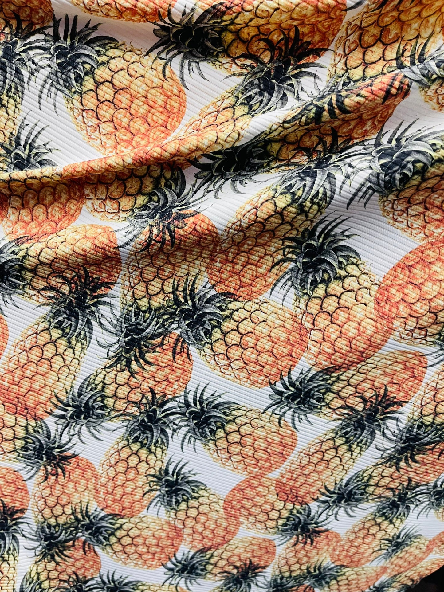 New pineapple design print on rib spandex 4-way stretch 50/52” Sold by the YD. Ships Worldwide from Los Angeles California USA.