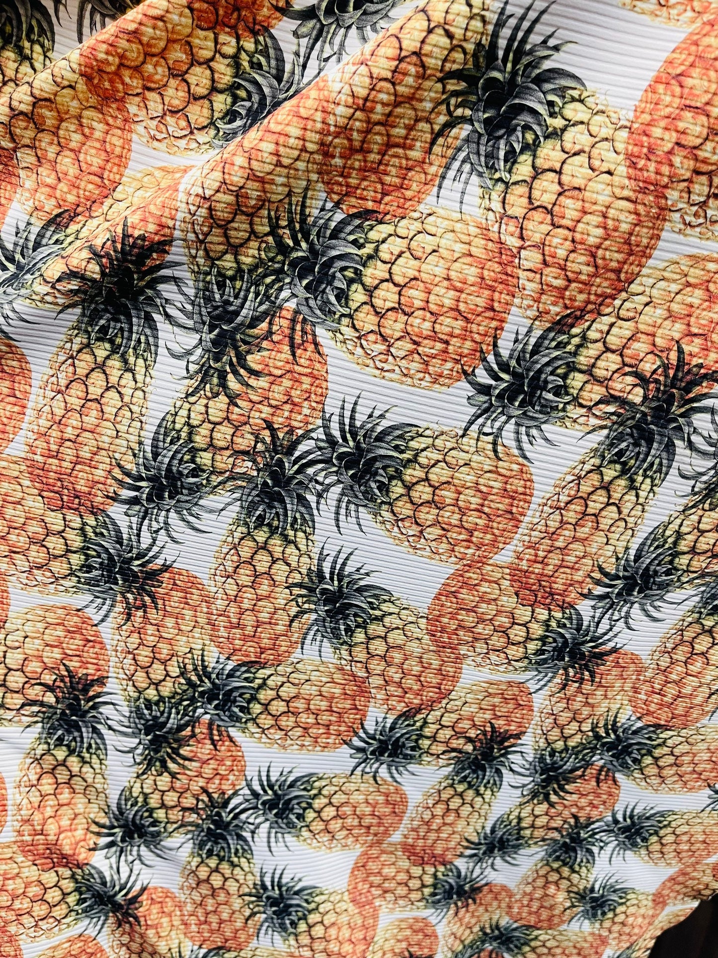 New pineapple design print on rib spandex 4-way stretch 50/52” Sold by the YD. Ships Worldwide from Los Angeles California USA.