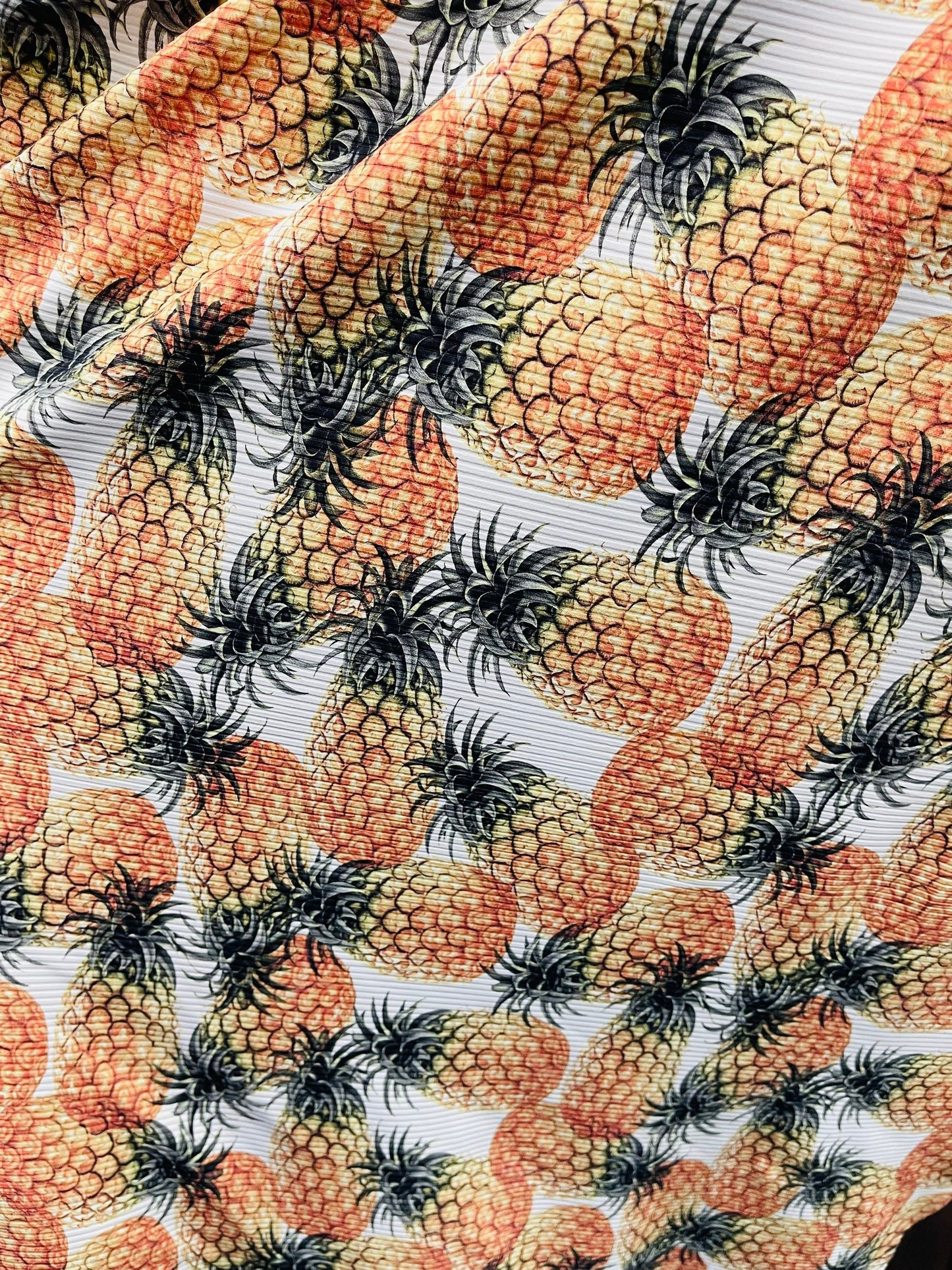 New pineapple design print on rib spandex 4-way stretch 50/52” Sold by the YD. Ships Worldwide from Los Angeles California USA.