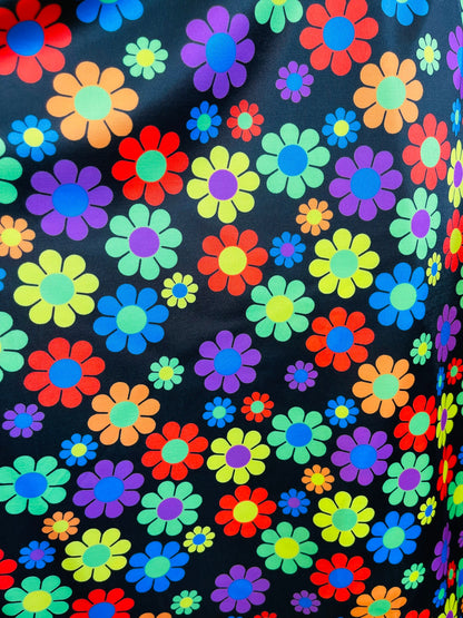 New Flower design Black/Multicolor print on great quality of nylon spandex 4-way stretch 58/60” Sold by the YD. Ships Worldwide from L.A