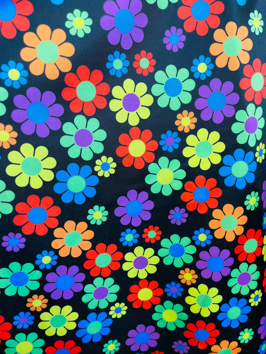 New Flower design Black/Multicolor print on great quality of nylon spandex 4-way stretch 58/60” Sold by the YD. Ships Worldwide from L.A