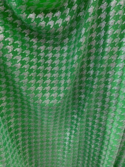 New metallic houndstooth design print on poly spandex 2-way stretch 58/60” Sold by the YD. Ships Worldwide from Los Angeles California USA.