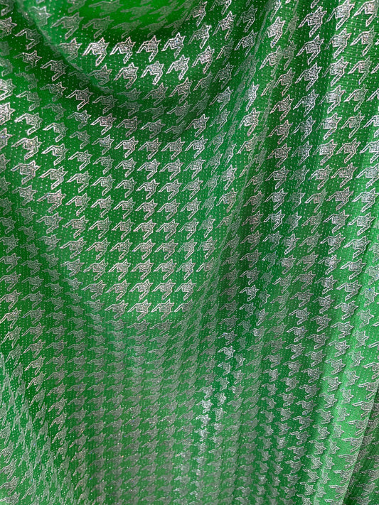 New metallic houndstooth design print on poly spandex 2-way stretch 58/60” Sold by the YD. Ships Worldwide from Los Angeles California USA.