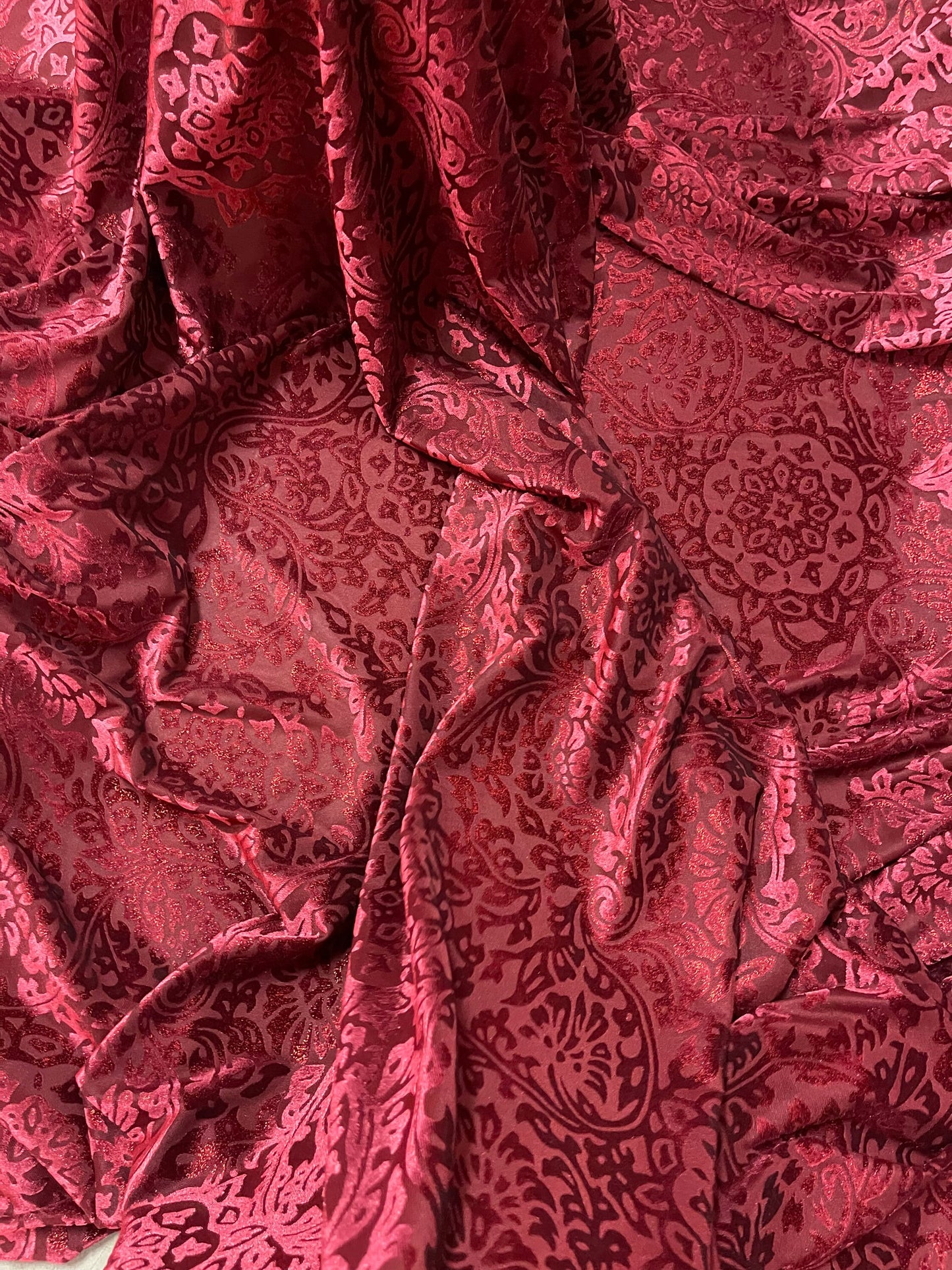 New Burnout velvet Diane design Merlot color 4-way stretch 58/60” Sold by the YD. Ships Worldwide from Los Angeles California USA.