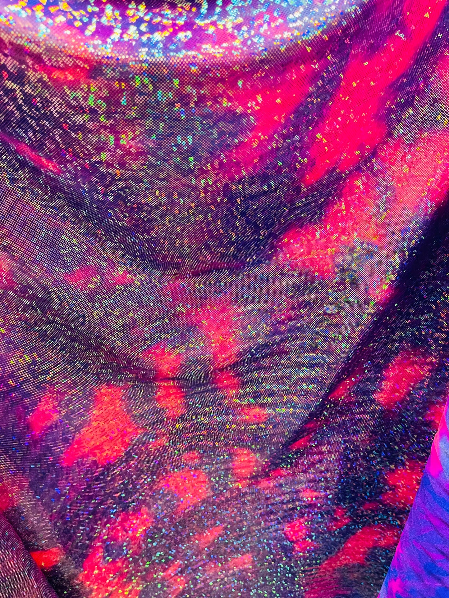 Tie dye shattered glass Purple/pink hologram metallic nylon spandex 4-way stretch 58/60” Sold by the YD. Ships Worldwide from Los Angeles CA