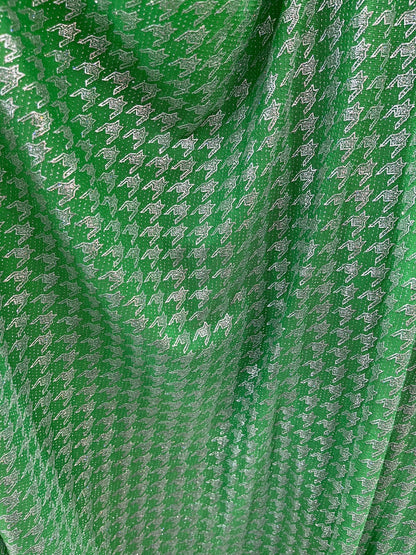 New metallic houndstooth design print on poly spandex 2-way stretch 58/60” Sold by the YD. Ships Worldwide from Los Angeles California USA.