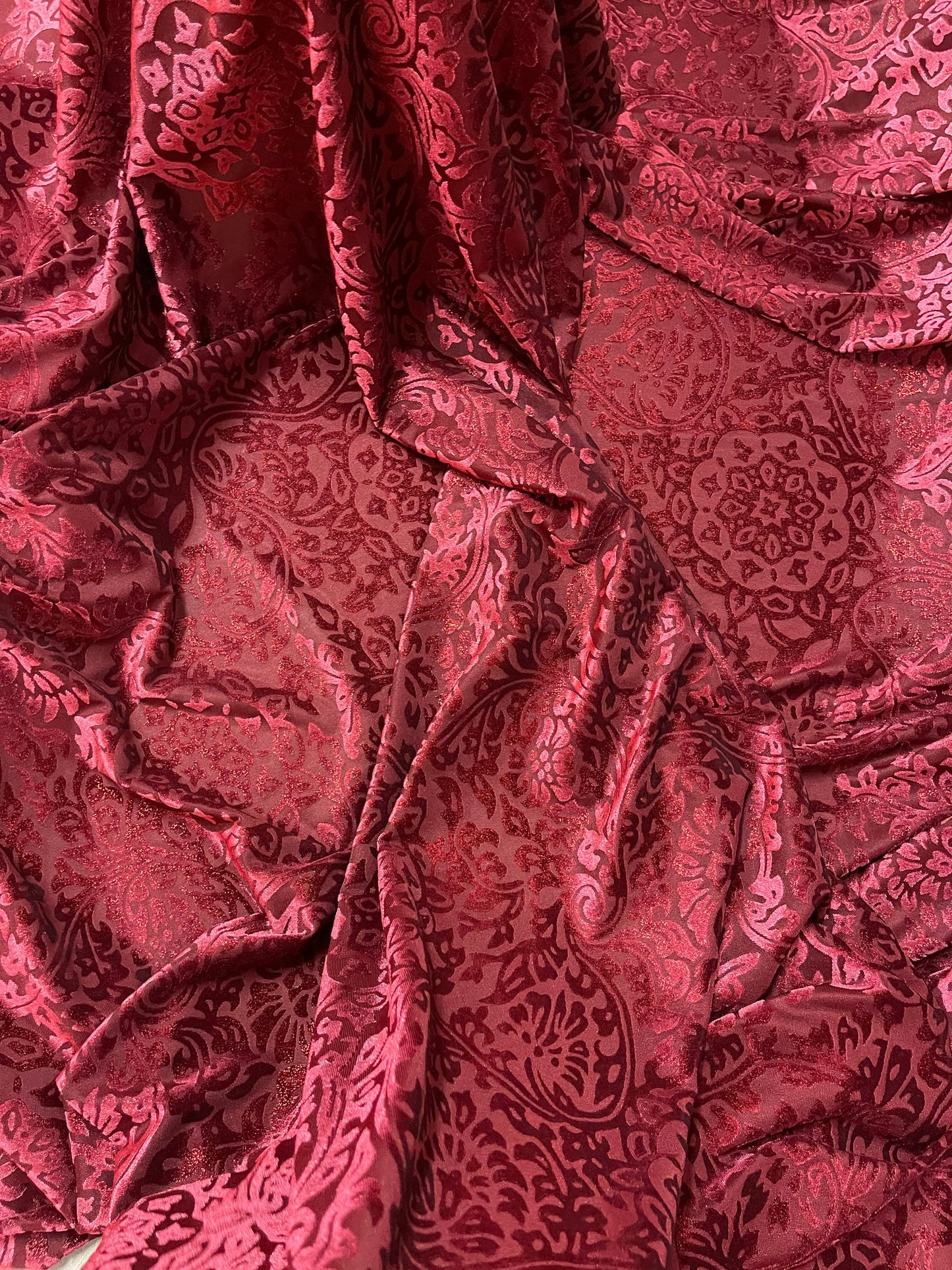 New Burnout velvet Diane design Merlot color 4-way stretch 58/60” Sold by the YD. Ships Worldwide from Los Angeles California USA.