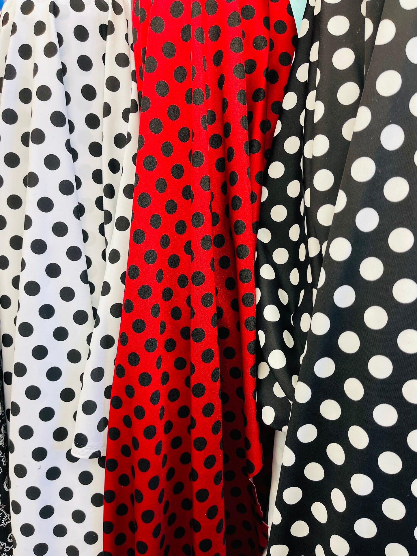 Polka dots design print on best quality of Nylon spandex 4-way stretch 58/60” Sold by the YD. Ships Worldwide from Los Angeles California US