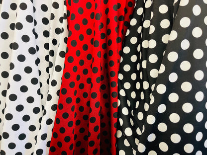 Polka dots design print on best quality of Nylon spandex 4-way stretch 58/60” Sold by the YD. Ships Worldwide from Los Angeles California US