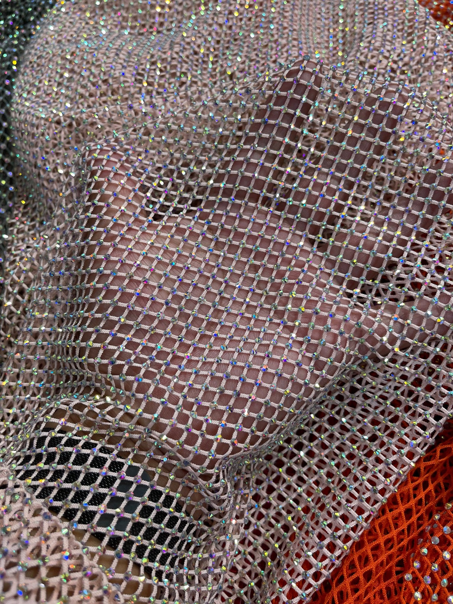 New Luxury Rhinestone stretch mesh fabric 4-way stretch 58/60” Sold by the YD. Ships Worldwide from Los Angeles California USA.