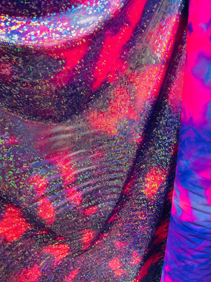 Tie dye shattered glass Purple/pink hologram metallic nylon spandex 4-way stretch 58/60” Sold by the YD. Ships Worldwide from Los Angeles CA