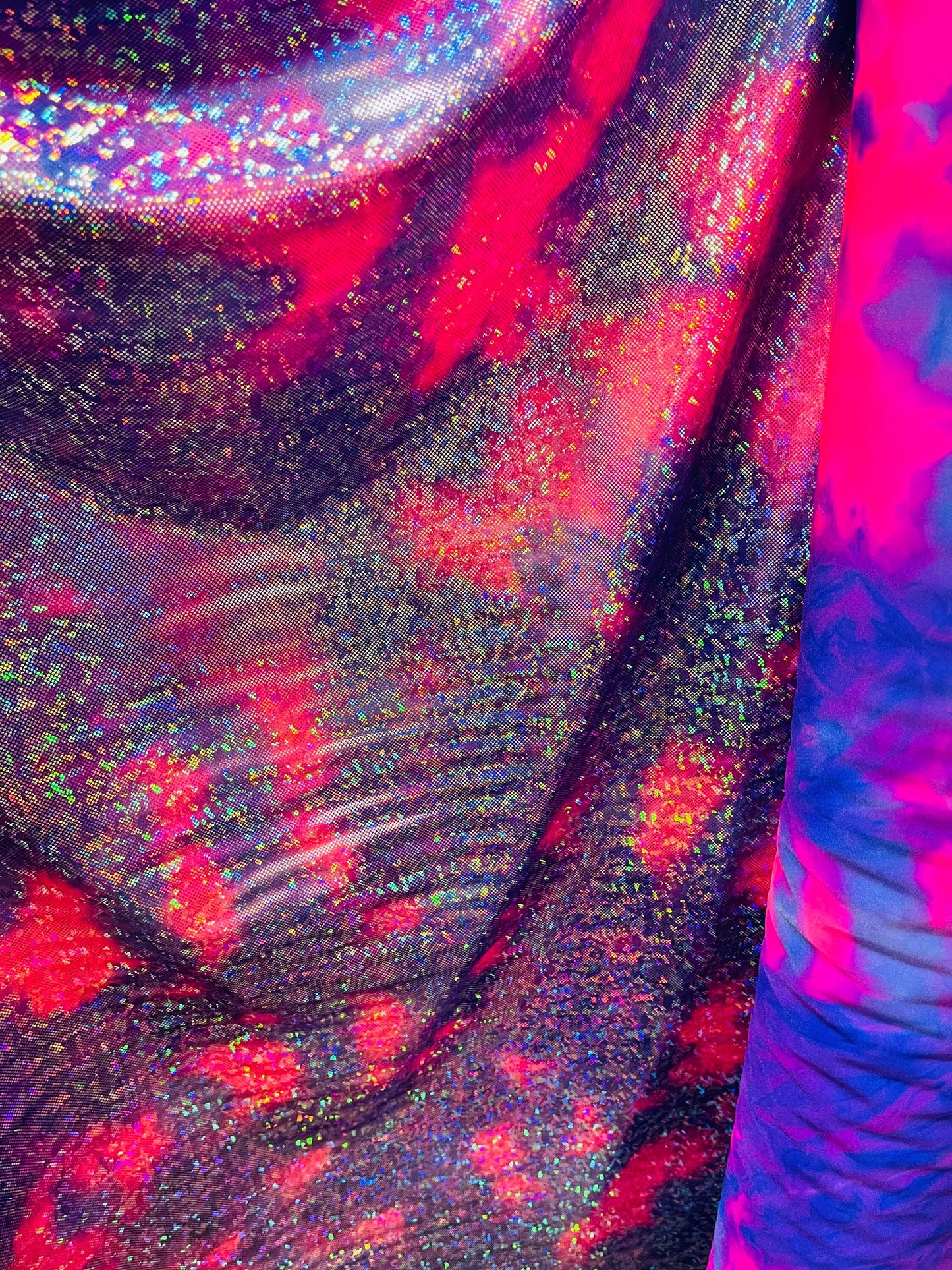 Tie dye shattered glass Purple/pink hologram metallic nylon spandex 4-way stretch 58/60” Sold by the YD. Ships Worldwide from Los Angeles CA