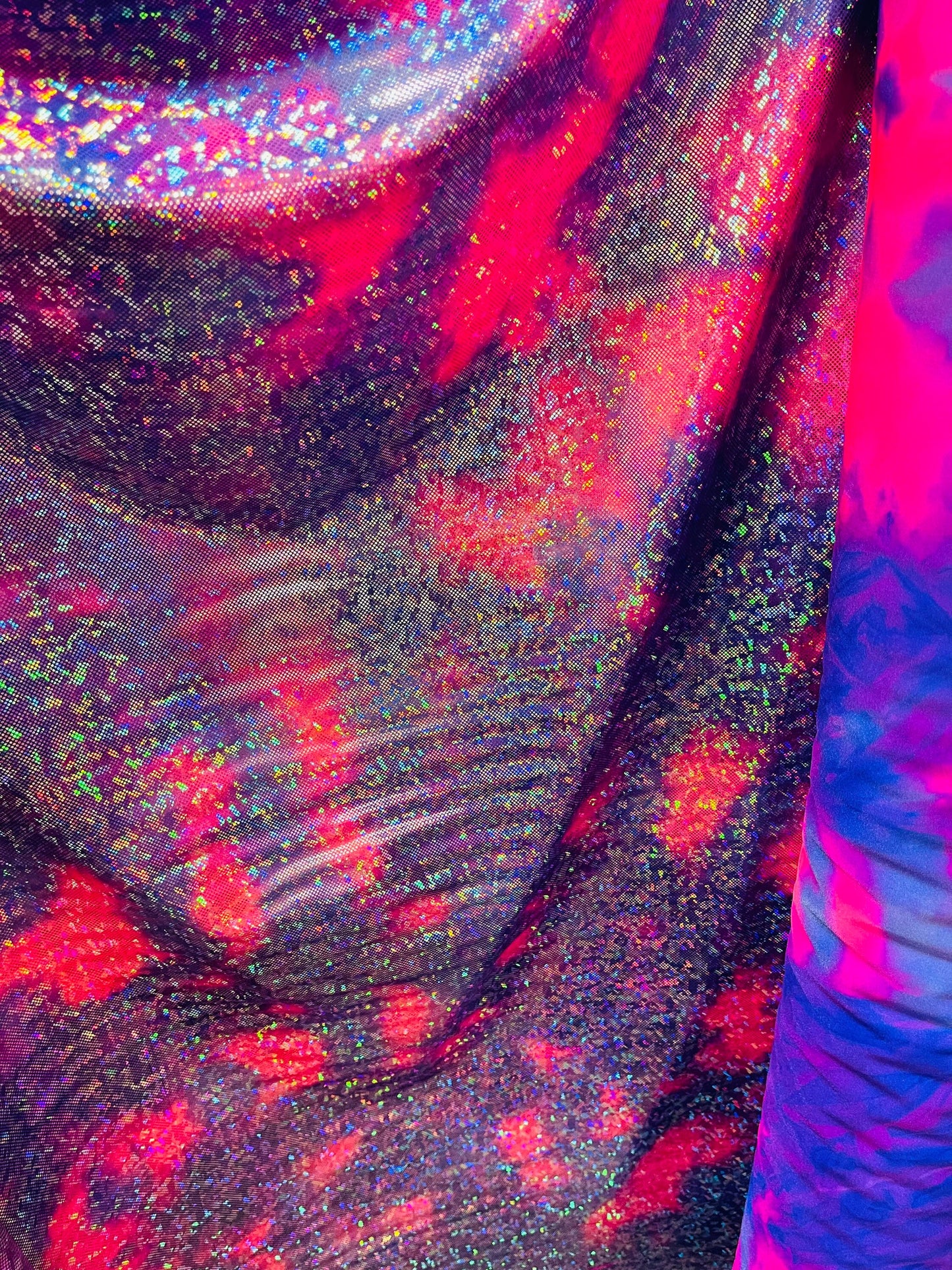 Tie dye shattered glass Purple/pink hologram metallic nylon spandex 4-way stretch 58/60” Sold by the YD. Ships Worldwide from Los Angeles CA