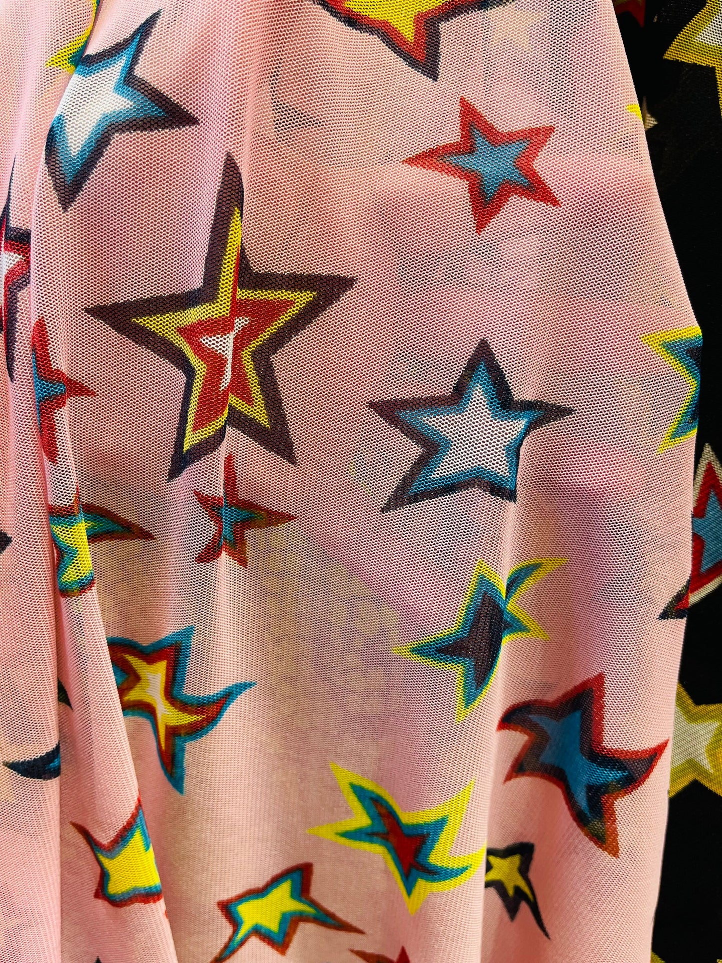 New Stars design multicolor print on great quality of poly mesh 4-way stretch 58/60” Sold by the YD. Ships Worldwide from Los Angeles CA