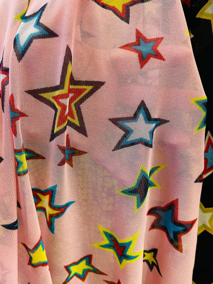 New Stars design multicolor print on great quality of poly mesh 4-way stretch 58/60” Sold by the YD. Ships Worldwide from Los Angeles CA