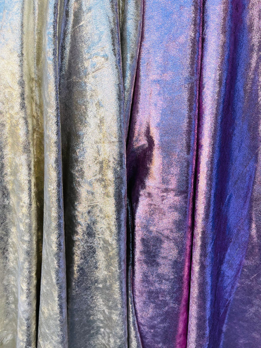 New Luxury shimmer foiled velvet 4-way stretch 58/60” Sold by the YD. Ships Worldwide from Los Angeles California USA.