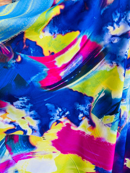 New abstract design sapphire/multicolor print on great quality of poly spandex 4-way stretch 58/60” Sold by the YD. Ships Worldwide from L.A