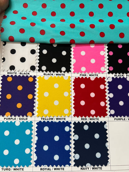 Polka dots design print of best quality of nylon spandex 4-way stretch 58/60” Sold by the YD. Ships worldwide from Los Angeles California US