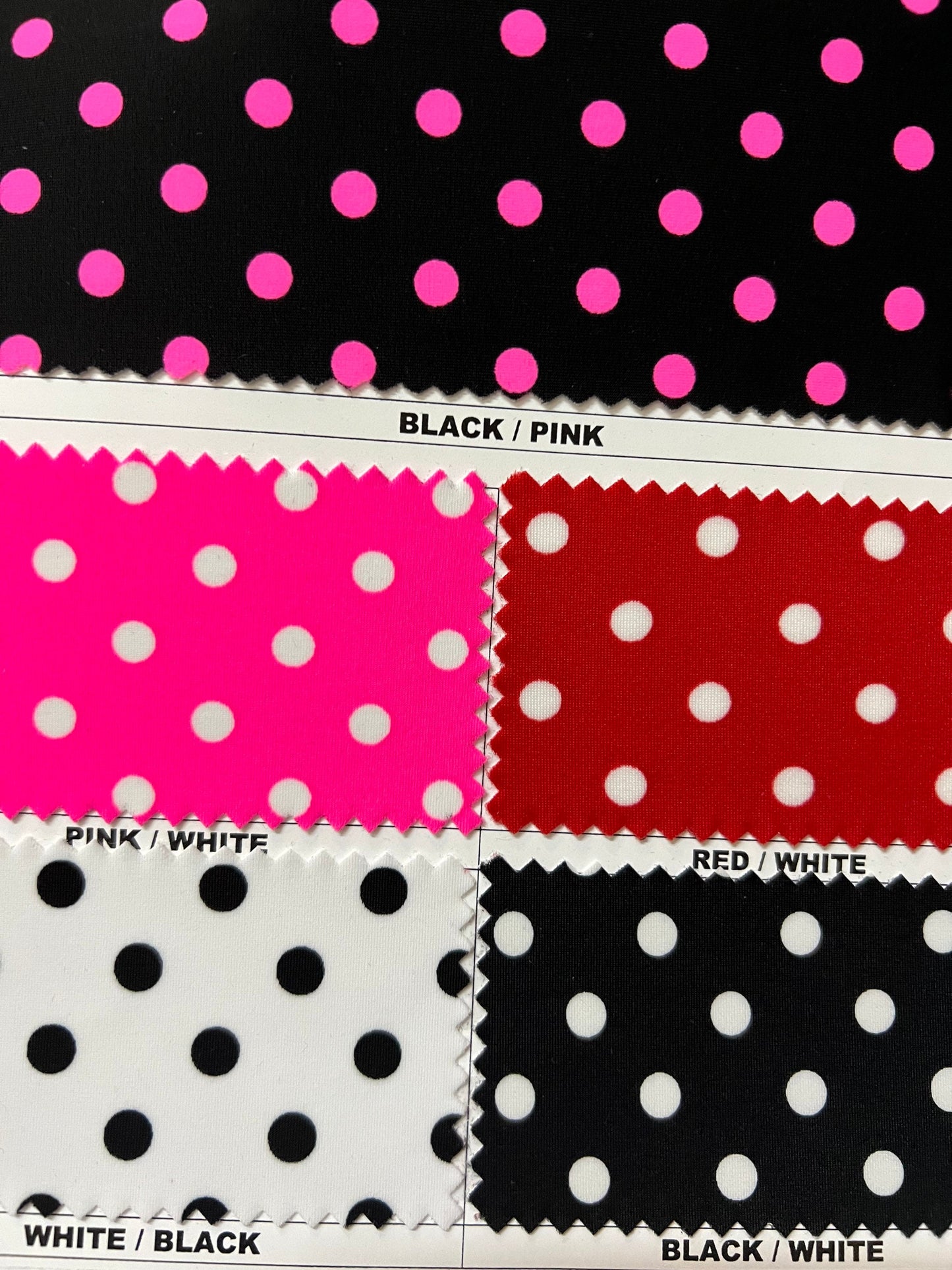 Polka dots design print of best quality of nylon spandex 4-way stretch 58/60” Sold by the YD. Ships worldwide from Los Angeles California US