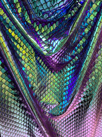 Mermaid design Iridescent green/blue/purple 4-way stretch 58/60” Sold by the YD. Ships worldwide from Los Angeles California USA