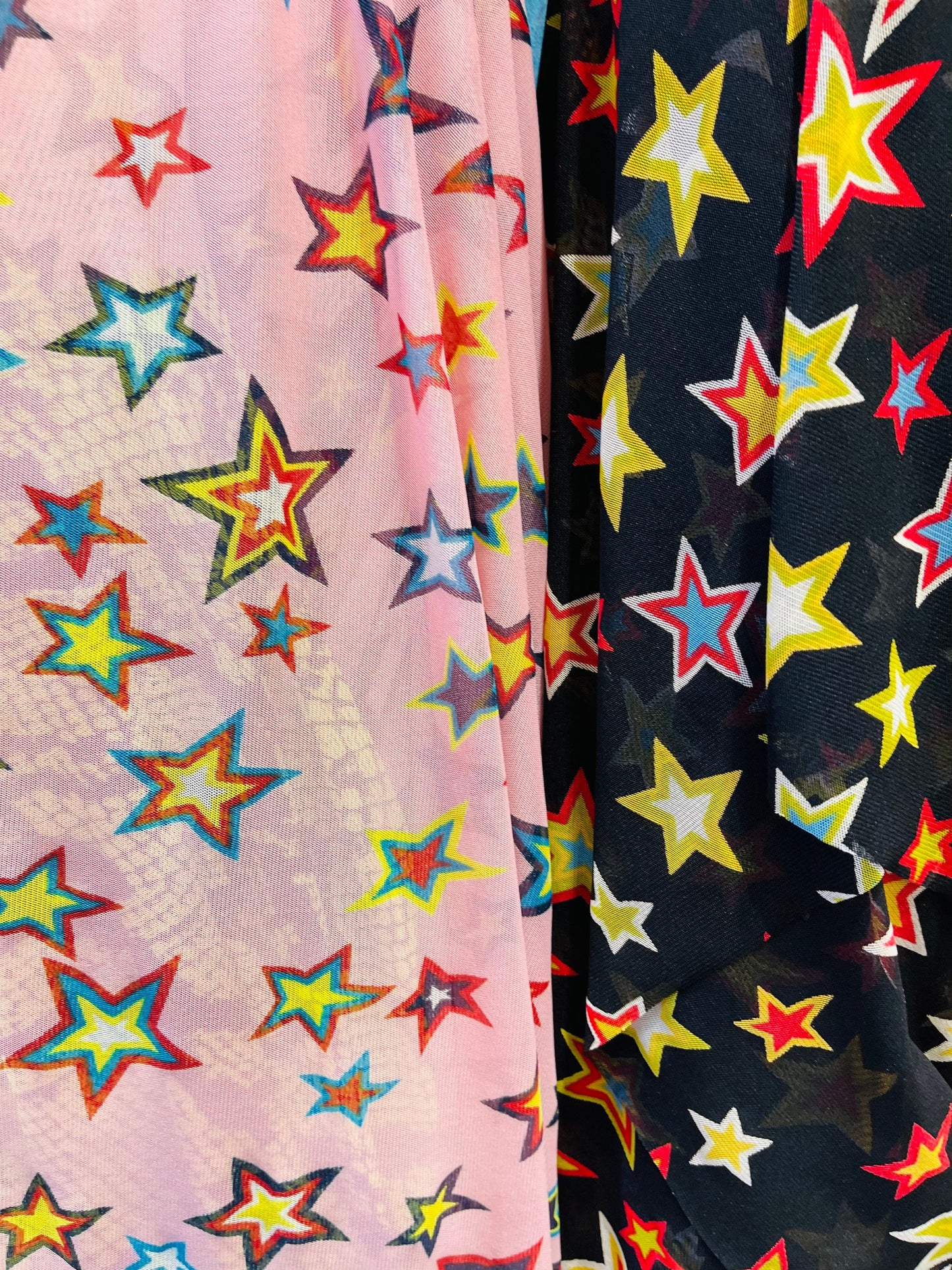 New Stars design multicolor print on great quality of poly mesh 4-way stretch 58/60” Sold by the YD. Ships Worldwide from Los Angeles CA